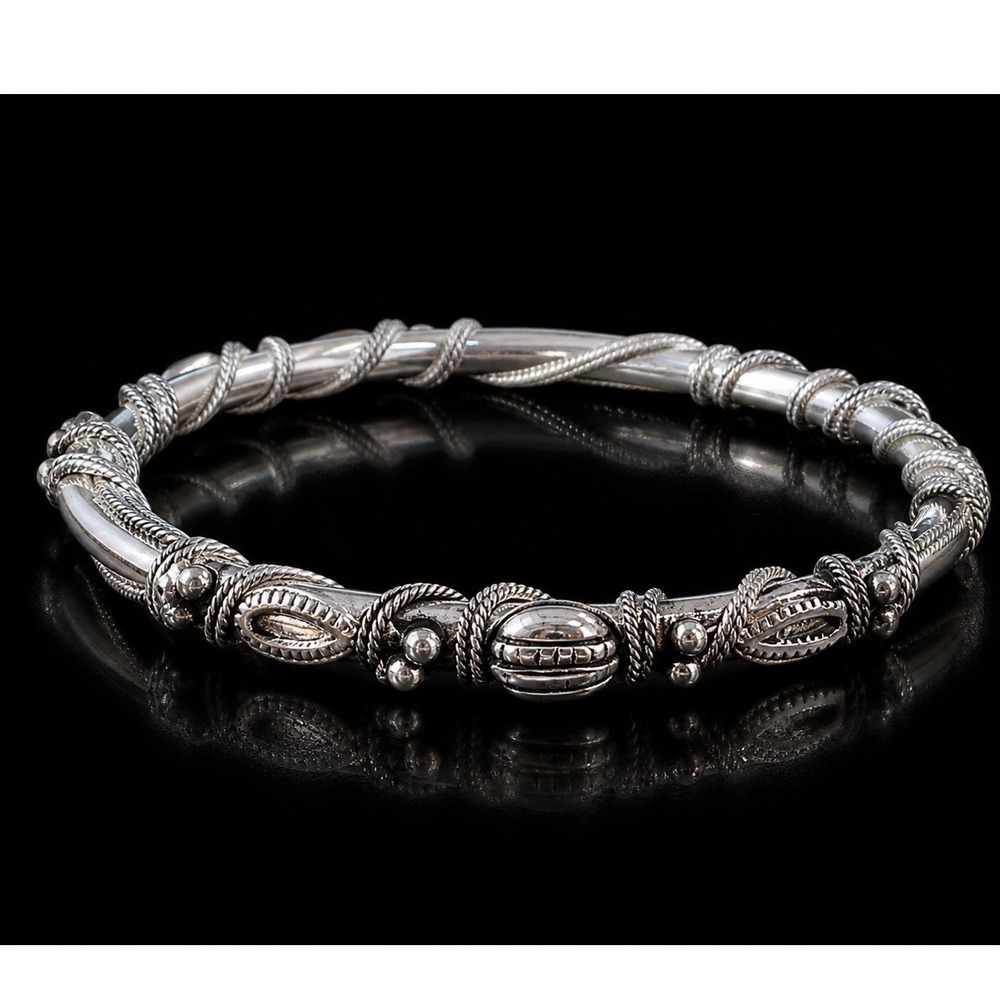 Vintage Handmade Balinese Style Silver Tone Twisted Rope Granulated Bracelet